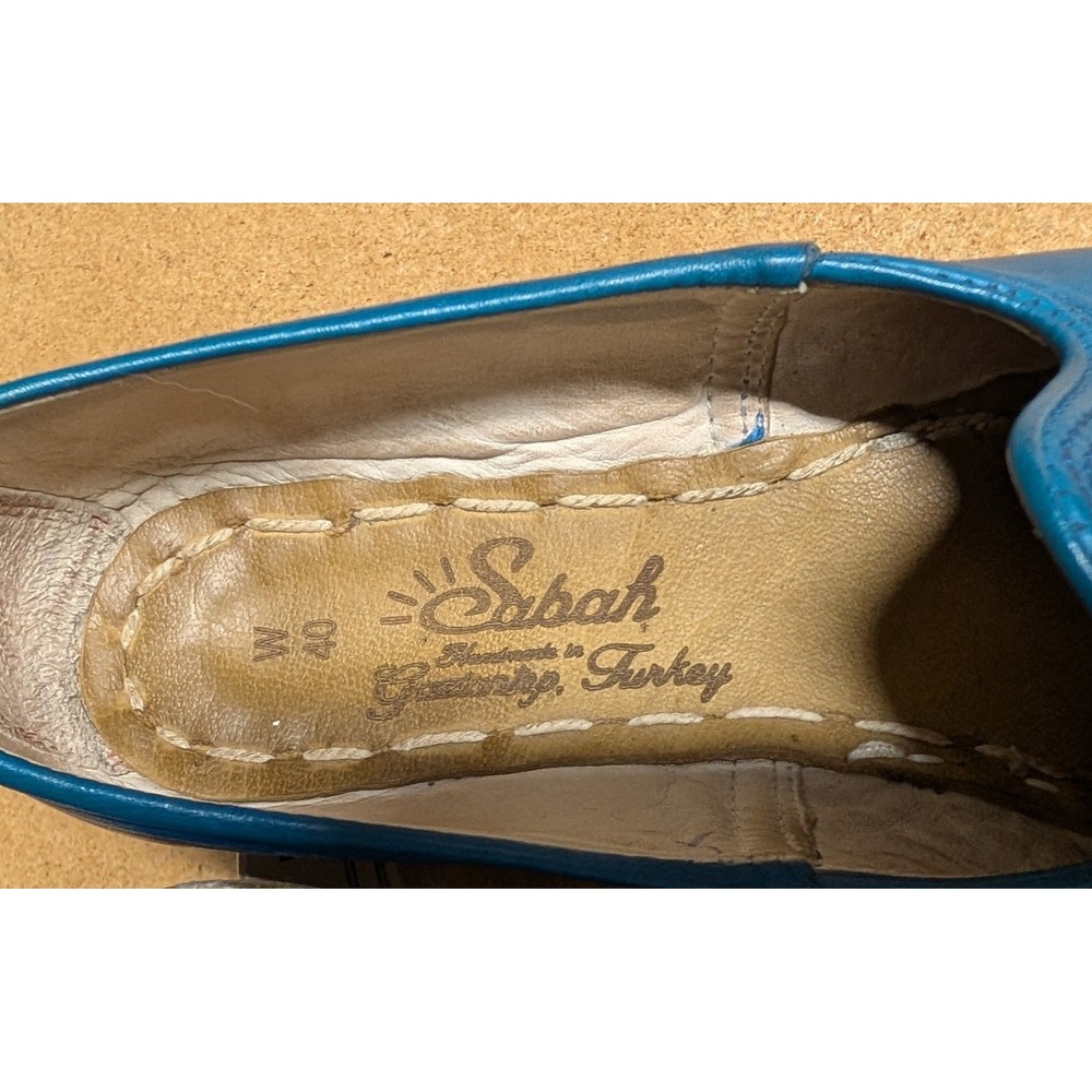 Sabah Blue Leather Handmade Slipper Loafer Turkish Contrast Stitch Blue W40 Boho - Picture 3 of 7